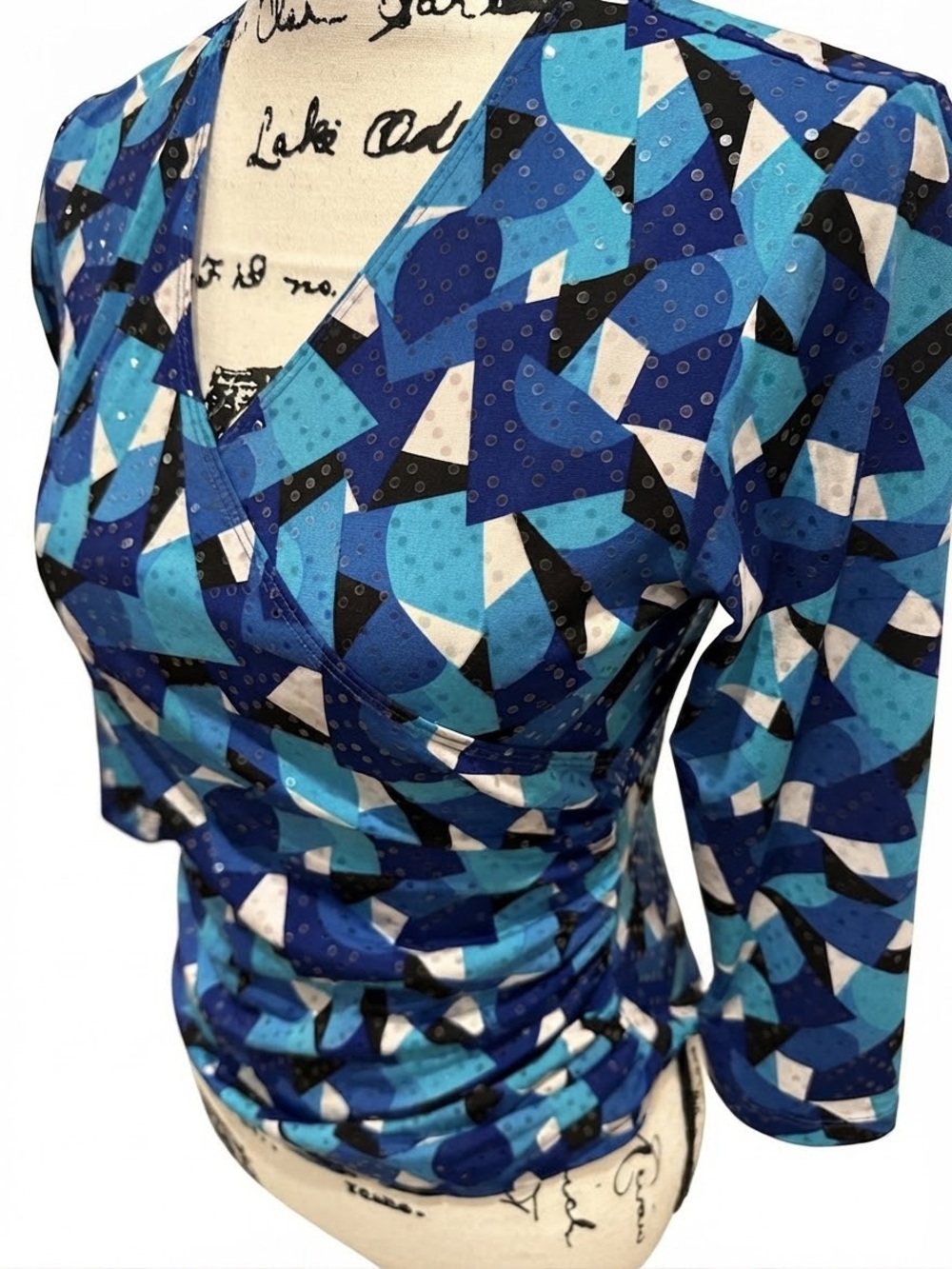 MSK Blue Geometric V-Neck Long Sleeve Wrap Top-SMALL PETITE